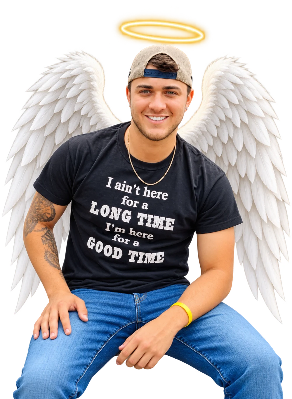 Antony with angel wings and a halo, smiling